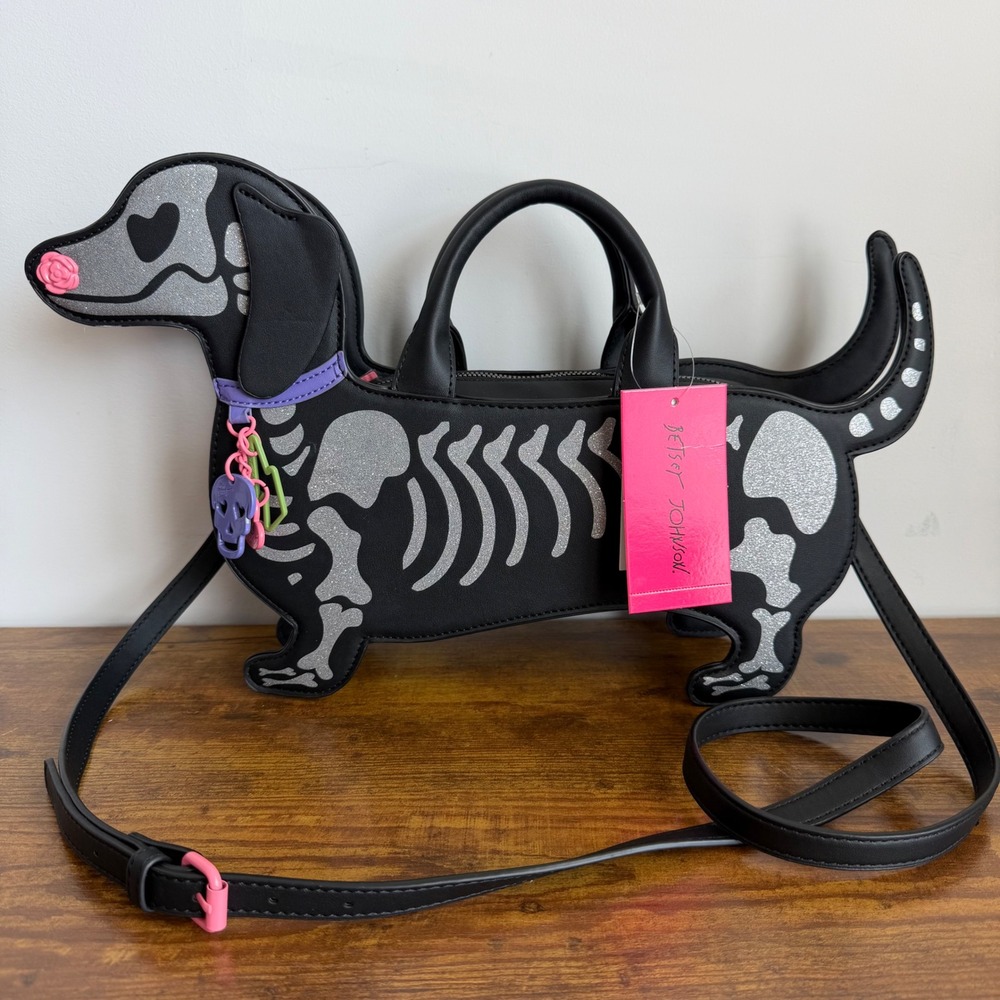 New Betsey Johnson Skeleton Dachshund Dog Satchel Crossbody Handbag Halloween